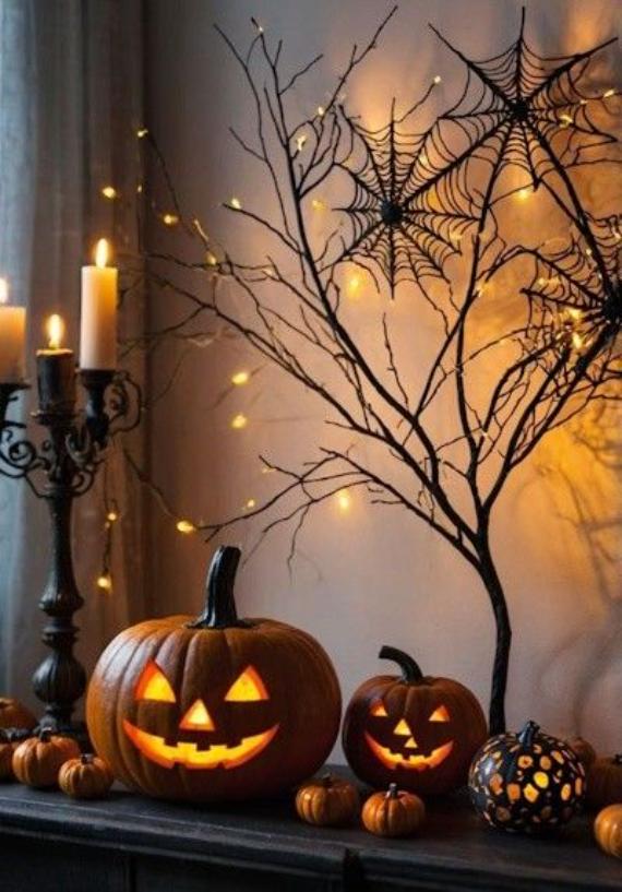A dark tabletop decorated for Halloween with carved glowing jack-o'-lanterns, an ornate candelabra with lit candles, and a bare black branch structure strung with fairy lights and intricate spiderwebs.