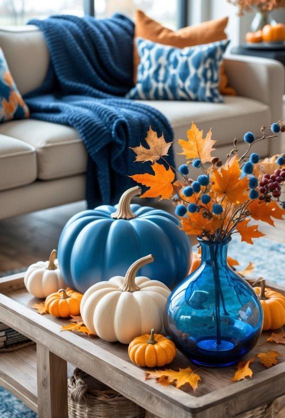 A wooden coffee table styled for autumn with a large matte blue pumpkin, cream and orange gourds, and a translucent blue glass vase filled with maple leaves.
