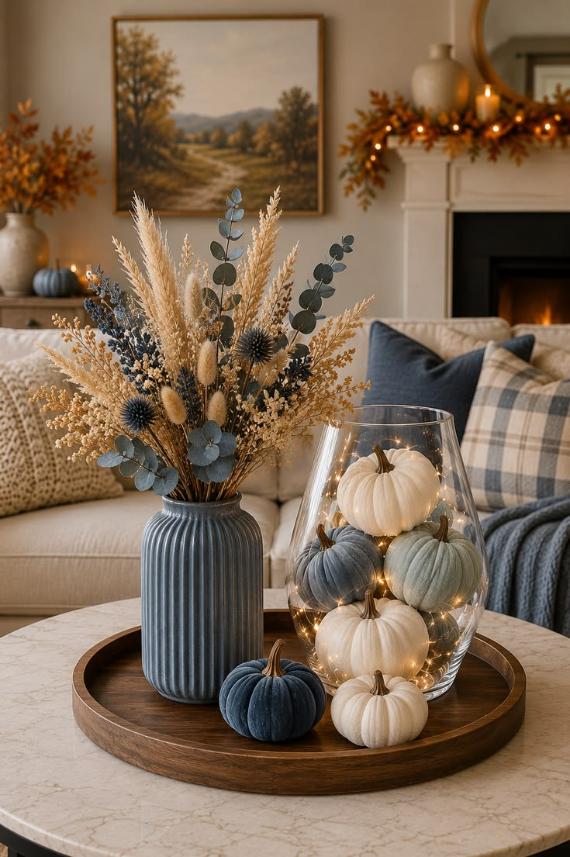 A round wooden tray on a marble coffee table containing a ribbed blue vase with pampas grass, a clear vase filled with white and blue pumpkins and fairy lights, and loose mini pumpkins.