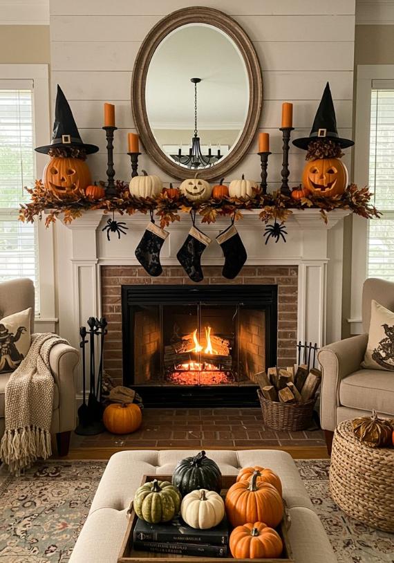 A symmetrical white fireplace mantel styled for Halloween with pumpkin jack-o'-lanterns wearing witch hats, orange candles, leaf garlands, and hanging black stockings.