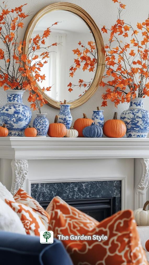 A white fireplace mantel decorated with blue and white Chinoiserie porcelain vases holding tall bright orange maple branches, mixed with real pumpkins under a round gold mirror.