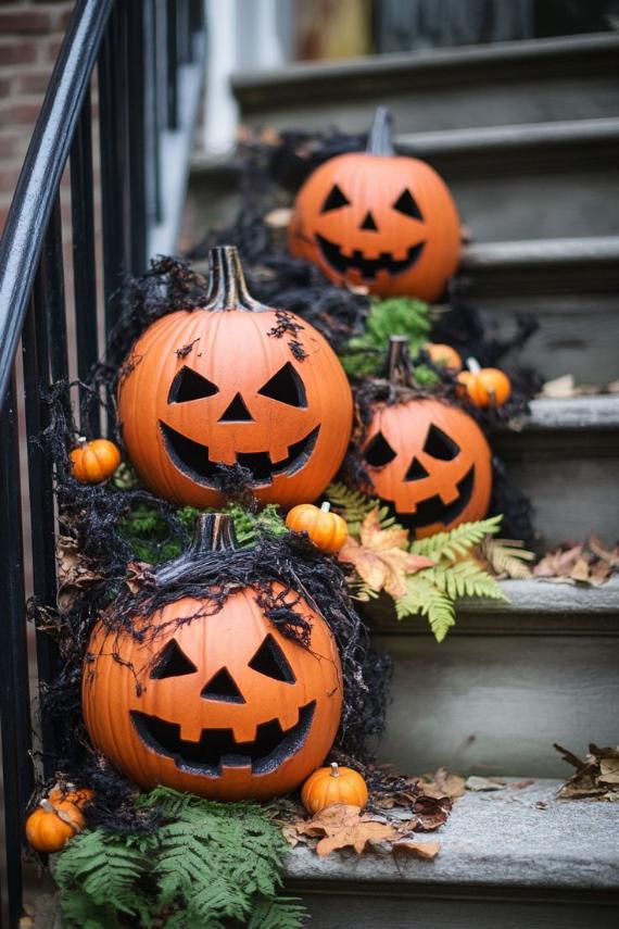 A cascading display of carved orange pumpkins on outdoor stone steps, wrapped in black creepy cloth, dried leaves, and green ferns.