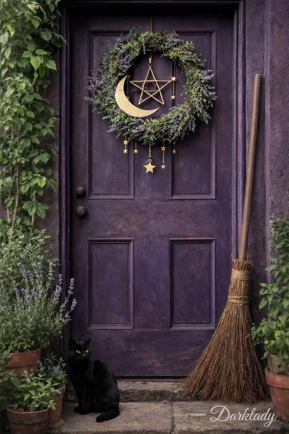 A textured purple front door styled for Halloween with a lavender wreath containing a gold crescent moon and pentagram star, a rustic cinnamon broom, and a black cat on the step.