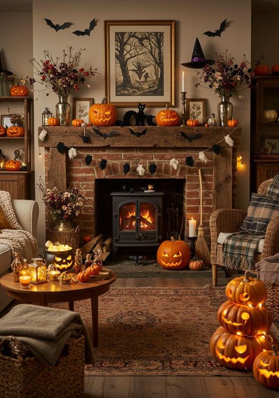  A cozy rustic living room featuring a brick fireplace mantle adorned with carved pumpkins, bat garlands, dried floral arrangements, a cauldron on a coffee table, and stacked glowing jack-o'-lanterns on an oriental rug.