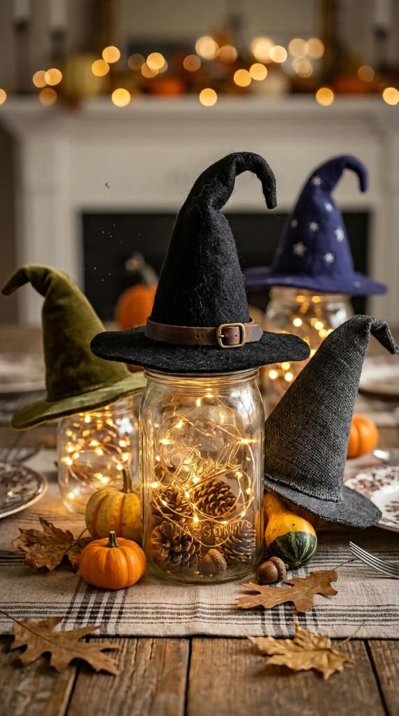 Clear glass mason jars filled with pinecones and glowing fairy lights, topped with miniature fabric witch hats on a plaid runner.