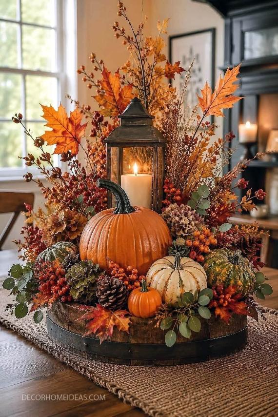 An elaborate autumn centerpiece arranged in a wooden barrel tray with a central candle lantern, surrounded by pumpkins, pinecones, berries, and tall maple leaf branches.