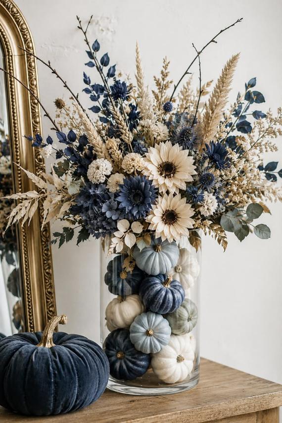  A tall clear glass cylinder vase filled with small blue, white, and sage green pumpkins, topped with a large floral arrangement of navy blue sunflowers, dried wheat, and pampas grass.