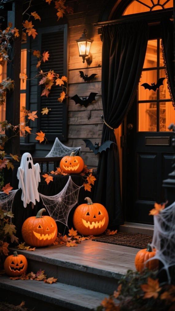A rustic wooden front porch styled for Halloween with glowing jack-o'-lanterns, cascading orange maple leaves, stretched spiderwebs, a tiny sheet ghost, and black bats flying across a dark-curtained door.