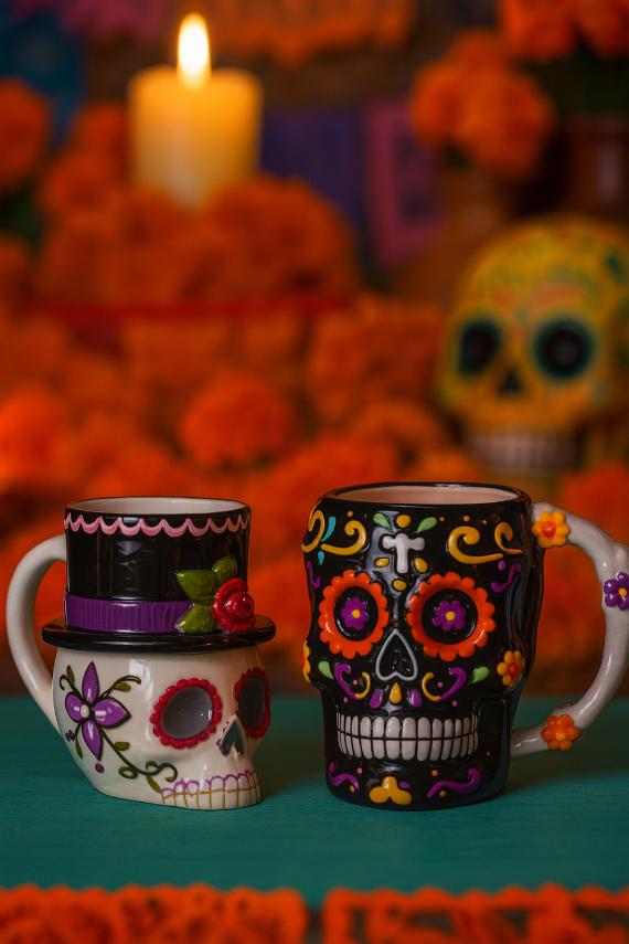 Two Day of the Dead ceramic mugs on a turquoise table, including a white skull mug wearing a black top hat with a red rose and a black skull mug adorned with vibrant orange, yellow, and purple patterns against a blurred background of marigolds and a candle.