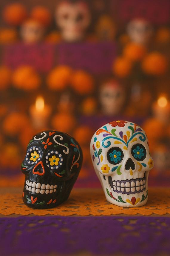 A pair of hand-painted Day of the Dead ceramic skulls, one matte black and one glossy white, decorated with colorful floral motifs on an altar table with a blurred marigold background.