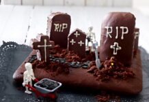 Family Halloween Recipes: Scary Nice To Shudder For The Halloween Party A chocolate sheet cake decorated as a graveyard with biscuit tombstones, chocolate soil mounds, and toy skeletons.