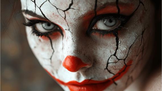 Close-up of a Haunting Cracked porcelain face  with cracked white face paint, intense gray eyes, and bright red nose and lips, conveying an eerie and haunting expression.