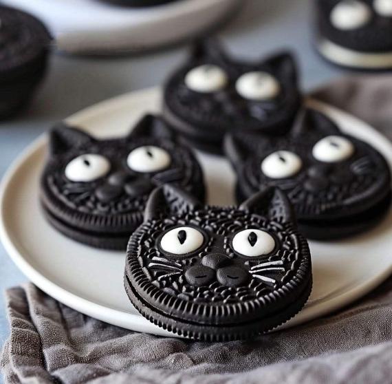 Four dark chocolate cat-shaped sandwich cookies with white cream eyes arranged on a white ceramic plate.