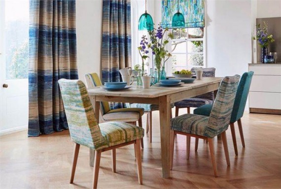 8-Harlequin-Fauvisimo-fabric-Setola-blue-white-painterly-striped-curtain-Sgraffito-plain-fabric-luxurious-dining-room