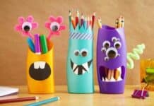 23 Creative and unusual DIY pencil holder ideas for your home desk decoration Colorful DIY monster pencil holders made from bottles. One is blue with zigzag teeth and a striped crown, the other purple with multiple googly eyes. Playful and creative.