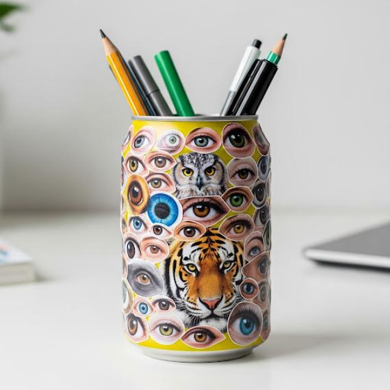 Pencil holder made from a can decorated with colorful eyes and a tiger image, holding assorted pens and pencils on a white desk. Creative and quirky tone.