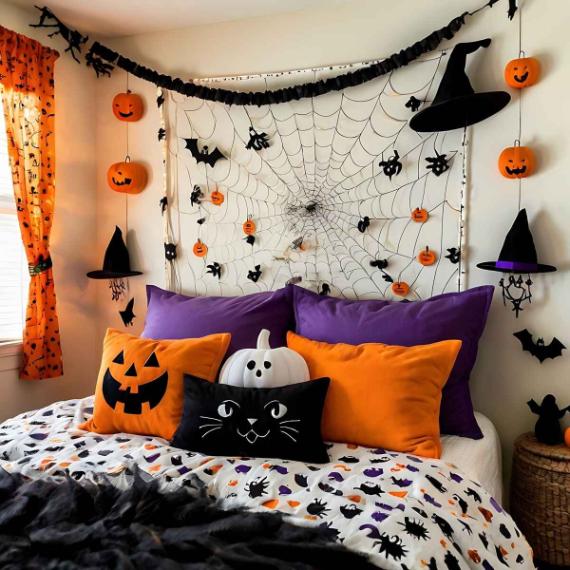 A Halloween-themed bedroom featuring spider webs and decorative pumpkins, creating a festive atmosphere.