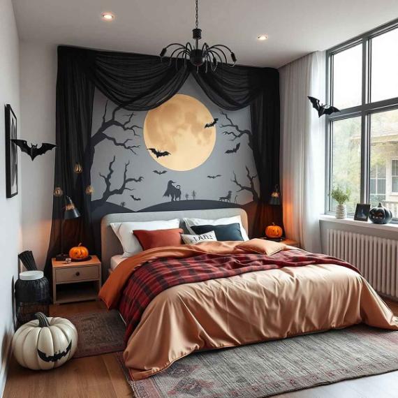 A Halloween-themed bedroom featuring spooky decorations and a bright full moon visible through the window.