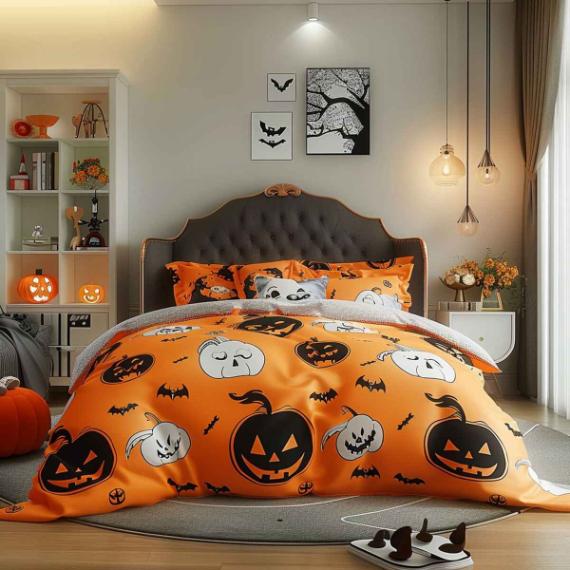 Halloween bedding set featuring colorful pumpkins and jack-o'-lanterns on a dark background.