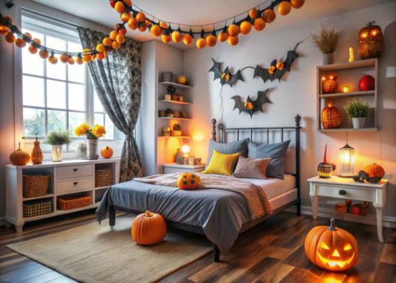 A Halloween-themed bedroom featuring decorative pumpkins and bats adorning the walls and furniture.