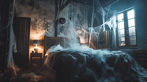 A spooky bedroom in a haunted house, filled with spider webs and shrouded in eerie fog.