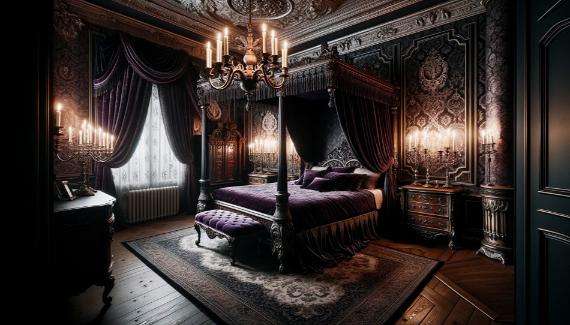 A luxurious bedroom featuring a four-poster bed and an elegant chandelier hanging from the ceiling.