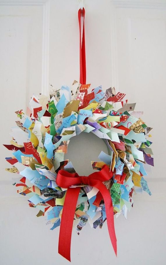 upcycled Christmas card wreath with red ribbon (1)