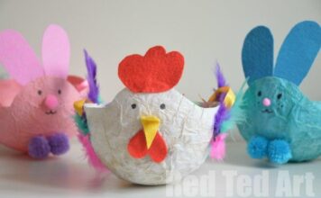 Adorable Easter DIY ideas; Simple Easter Crafts for Kids Three colorful paper mache animal crafts on a table: a white chicken with a red comb and yellow beak, flanked by pink and blue bunny figures with pom-pom tails.