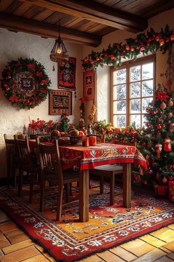 Christmas dining room decorating ideas featuring festive table linens, evergreen wreath, decorated tree, and classic holiday color scheme