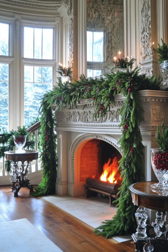 Christmas fireplace mantel decorating ideas with natural holly garland, crackling fire, and scenic snow-covered mountain views