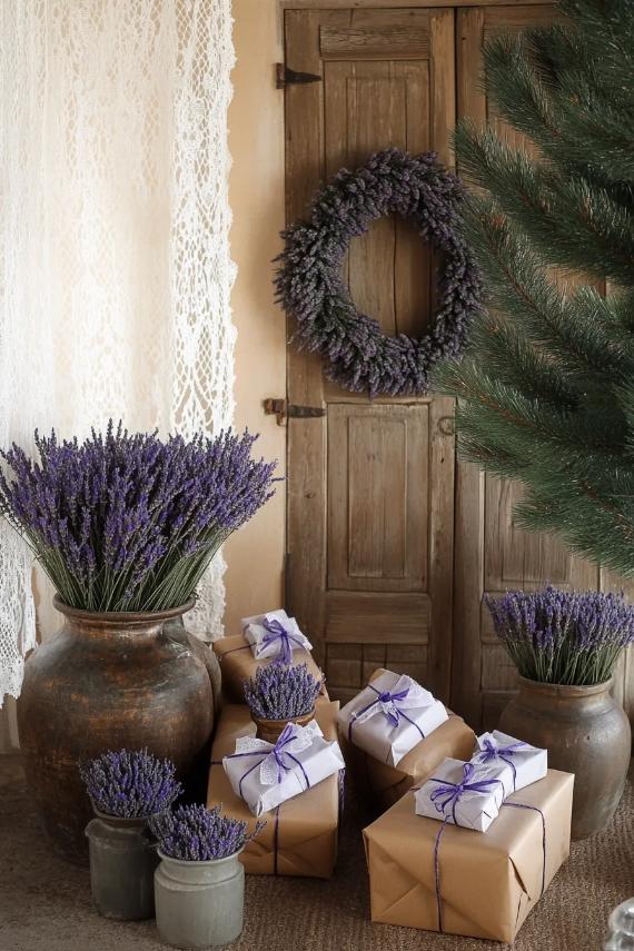 Rustic farmhouse Christmas doorway with botanical lavender wreath, natural gift wrapping, and serene purple holiday accents