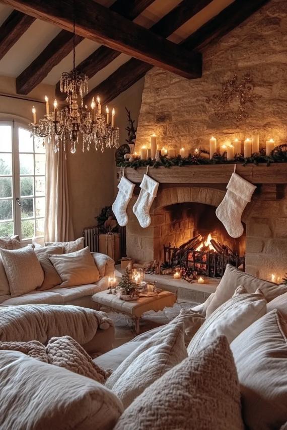 Elegant rustic Christmas hearth room featuring stacked stone fireplace, festive stockings, sparkling chandelier, and plush velvet sofas