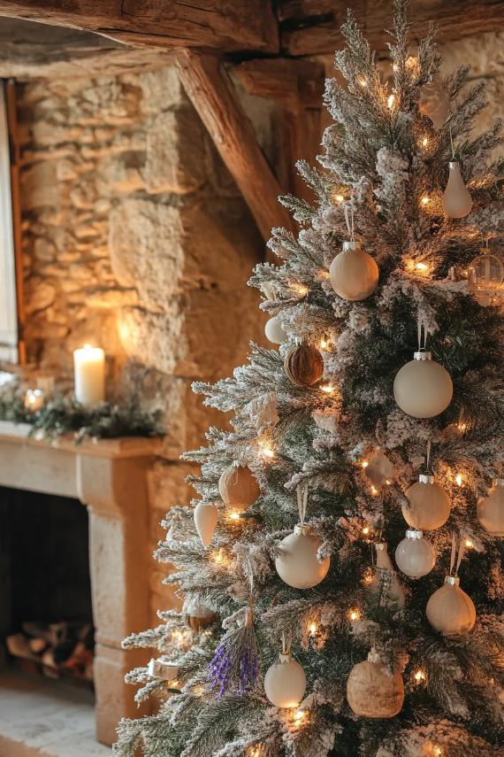 White snowy Christmas tree with neutral farmhouse decor, flickering candle on stone mantelpiece, and warm cottage lighting