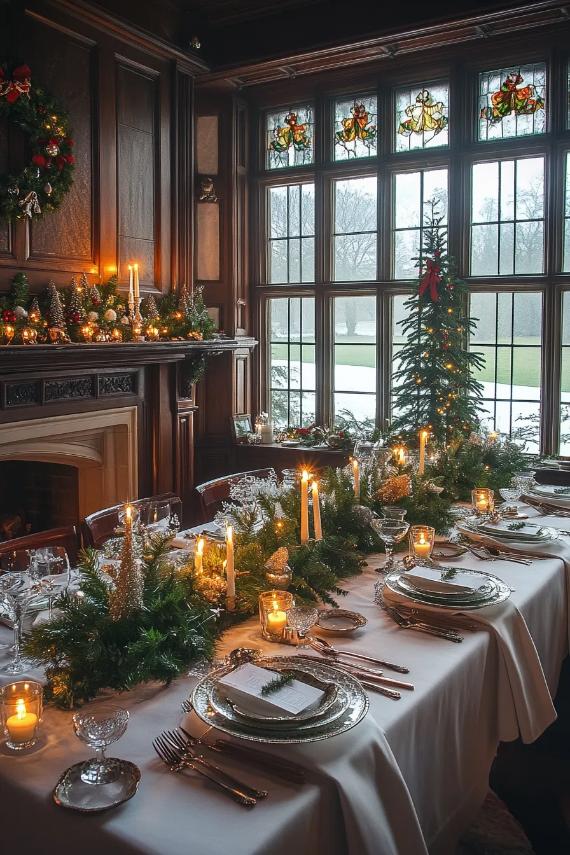 Rustic farmhouse Christmas tablescape featuring candlelight, natural greenery garland, and festive fireside dining decor