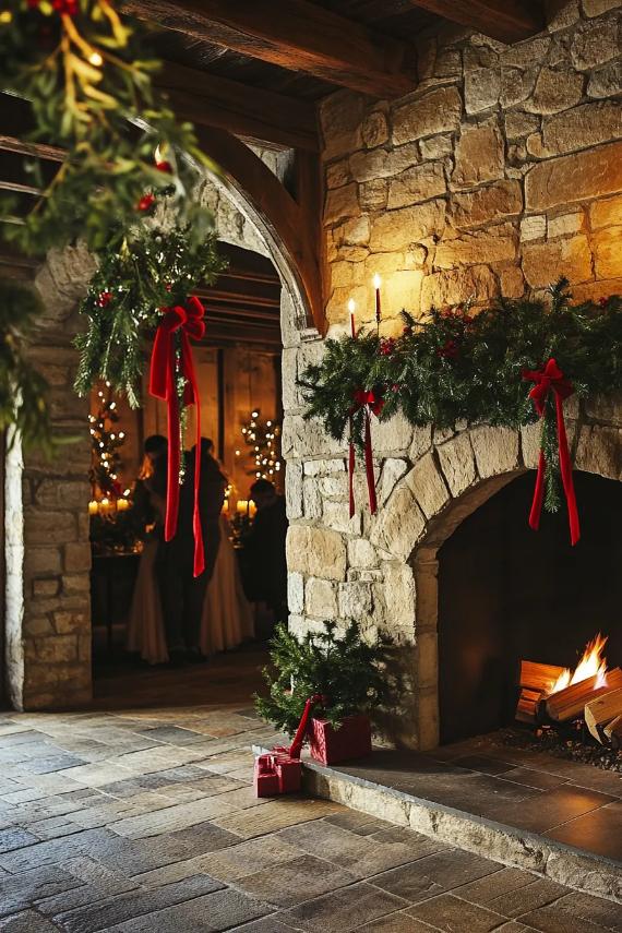 armhouse Christmas hearth featuring stacked stone surround, lush greenery garland, festive red bows, and warm fireside glow