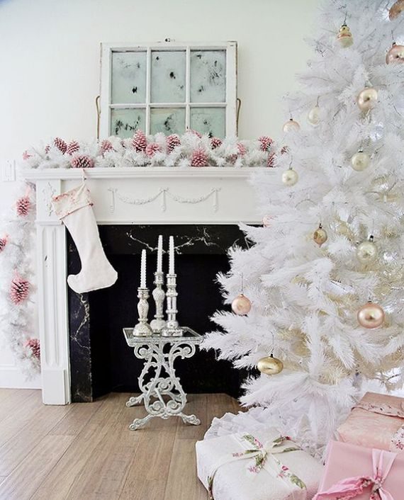 all-white Christmas tree with pastel metallic ornaments looks chic and refined (1)