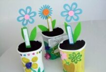 Mothers Day Activities & Crafts Ideas for Kids Colorful, decorated cups, featuring playful paper flowers and leafy tags.