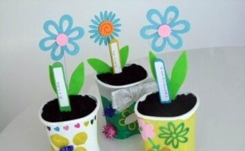 Mothers Day Activities & Crafts Ideas for Kids Colorful, decorated cups, featuring playful paper flowers and leafy tags.