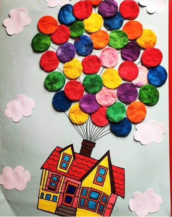 Illustration of a colorful house carried by vibrant balloons made from cotton pads amidst cartoon clouds on a blue background, evoking a whimsical, dreamy feel.