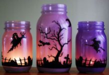Creative Recycled Crafts for Kids from Common Household Items Three purple mason jars with Halloween silhouettes: a ghost, a tree with bats, and a witch. They glow warmly, evoking a spooky, playful ambiance.