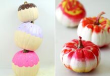 Easy Painted Pumpkin Ideas to DIY Side-by-side comparison of a stack of pumpkins painted to look like frosted donuts with sprinkles and small white pumpkins with red dipped tie-dye patterns.