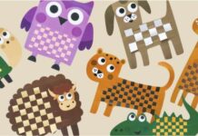 PAPER WEAVING – PAPER CRAFTS FOR KIDS Illustrated animals with woven, checked patterns on their bodies include an owl, dog, giraffe, beaver, sheep, lion, and crocodile, on a beige background.