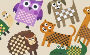 PAPER WEAVING – PAPER CRAFTS FOR KIDS Illustrated animals with woven, checked patterns on their bodies include an owl, dog, giraffe, beaver, sheep, lion, and crocodile, on a beige background.