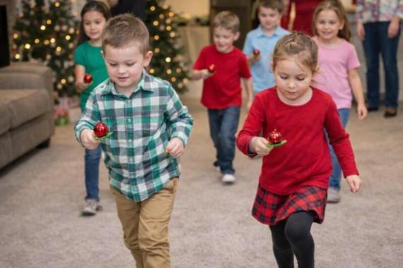 Children joyfully running indoors, holding small ornaments, with a festive holiday atmosphere and decorated Christmas trees in the background.