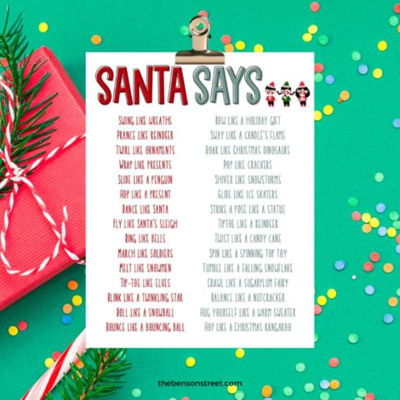 A festive list titled "Santa Says" features playful holiday-themed actions to imitate, set against a colorful background and decorations.
