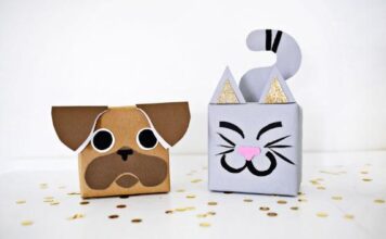 DIY holiday ANIMAL gift wrapping ideas Cute DIY animal gift wrapping boxes shaped like a pug and a cat. The pug is brown with floppy ears; the cat is gray with glittery ears and a curly tail. Playful tone.