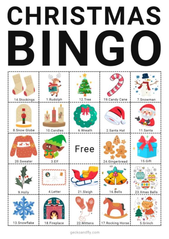 Christmas-themed Bingo card with festive images and bold text "CHRISTMAS BINGO" at the top.