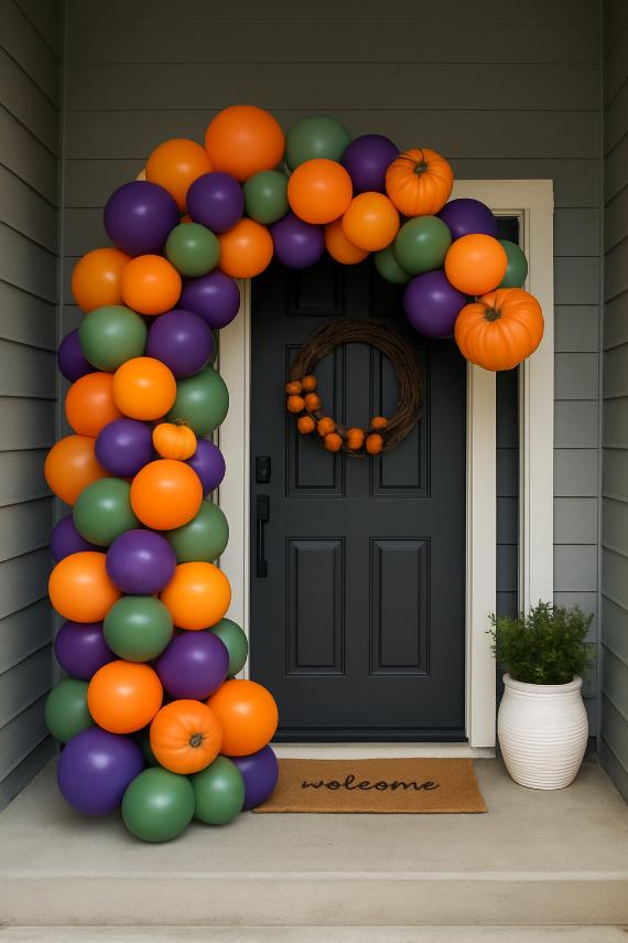 Festive doorway with Modern colorful autumn décor. An arch of orange, purple, and green balloons adorned with pumpkins. A grapevine wreath and "welcome" mat enhance the autumn vibe.