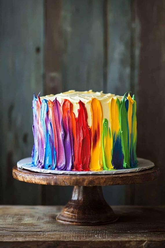 A vibrant cake with textured rainbow frosting, featuring bold vertical strokes of purple, blue, red, orange, yellow, and green, on a rustic wooden stand.