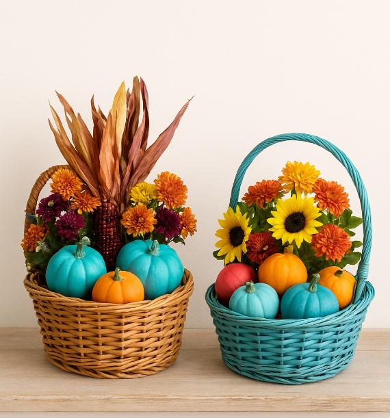 Two baskets on a wooden surface; one has orange and teal pumpkins, fall leaves, and flowers, while the other has sunflowers and colorful pumpkins.